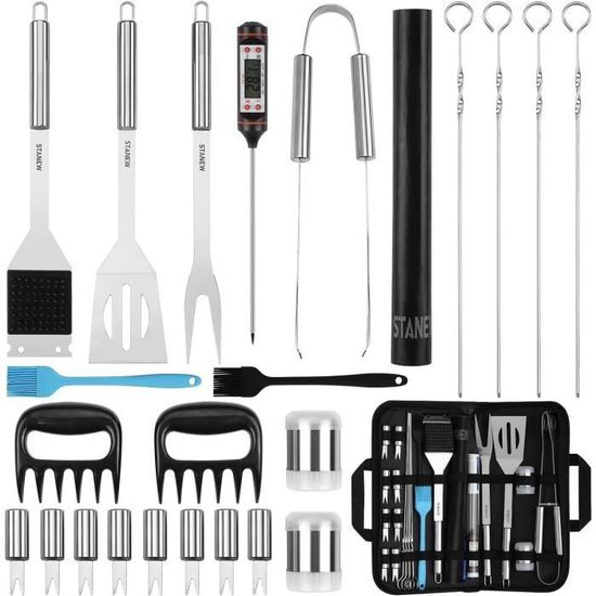 Coffret 5 Ustensiles De Barbecue En Acier Inoxydable - Pince, Fourchette, Spatule, Couteau, Pinceau, Avec Sac De Transport Et Crochet