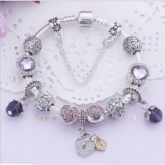 Bracelet Charms Femme - AOMOUR - Trèfle CZ - Plaqué Argent - Gris et violet