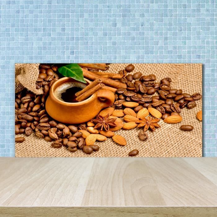 Tulup 100x50cm Crédence de cuisine sur verre sécurité:- Nourriture boissons - Grains De Café Une Tasse - Brun