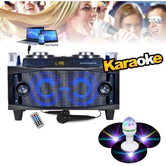 Enceinte Karaoké Hifi de haute qualité avec Radio FM Bluetooth Usb Mp3 + 2 Micros + câble PC + Jeu de lumière PA DJ Noël