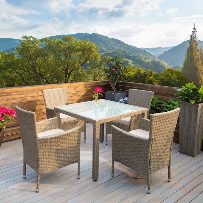 DEUBA - Salon de jardin - Polyrotin • 1 table / 4 chaises + coussins - Chaises empilables - Résistant aux intempéries, mobilier