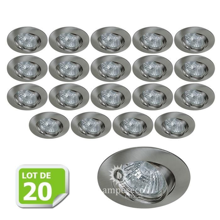 Lot de 20 Support encastrable orientable ronde pour ampoules halogènes, CFL ou LED diametre 81mm Couleur acier brossé ref.970