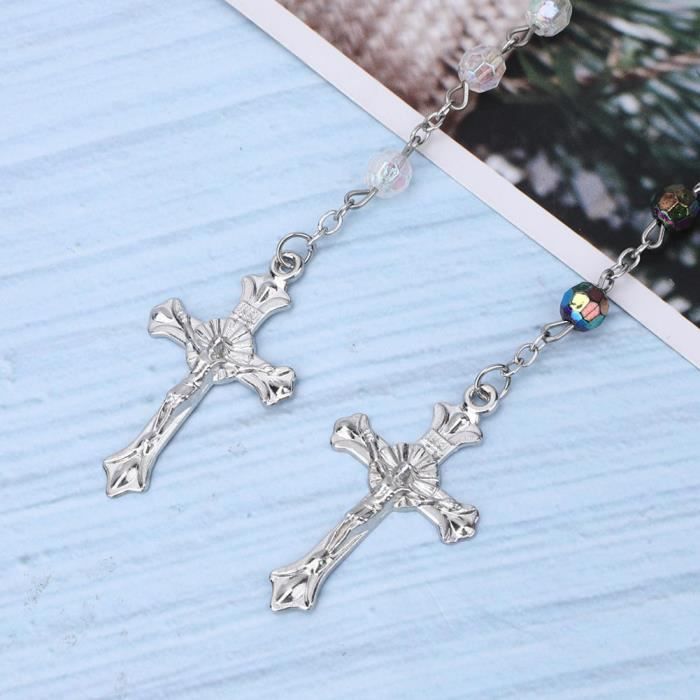Hililand collier croix 2 pièces jésus croix pendentif collier femmes hommes catholique chrétien en plastique perles chaîne