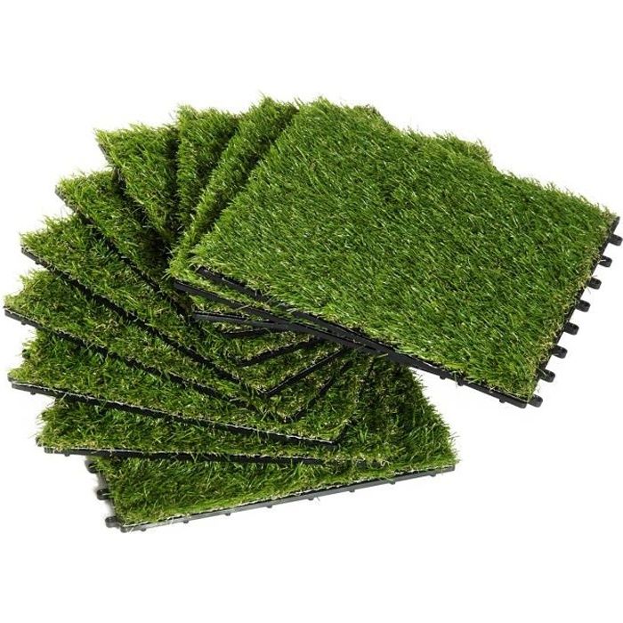 Gazon synthétique artificiel set de 10 dalles carreaux 30 x 30 cm épaisseur confort 2,5 cm à emboîter vert 27 30x30x2cm Vert