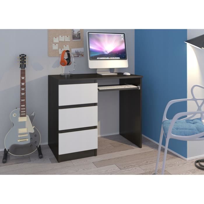 YORK L- Bureau moderne d'ordinateur 96x50x76 - Chambre Ado-Enfant - Support clavier 3 tiroirs - Wengé-Blanc