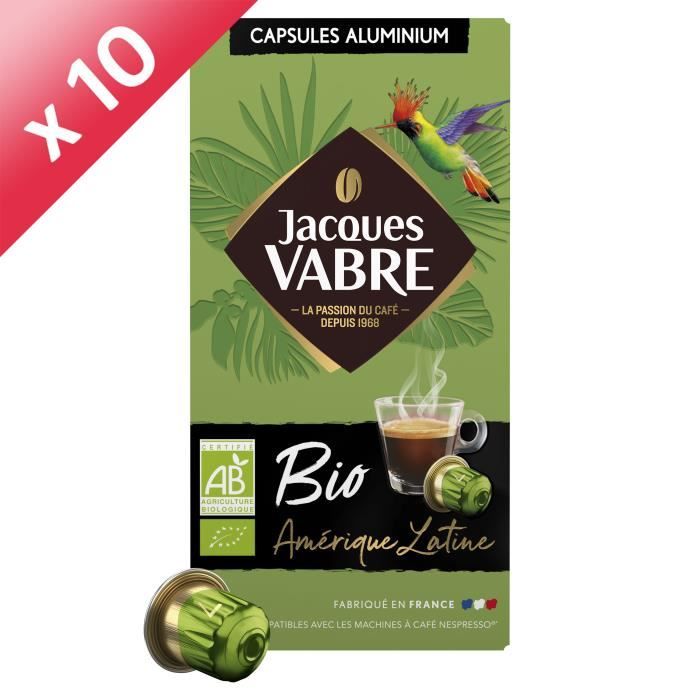Jacques Vabre Café - 100 Capsules BIO Amérique Latine Intensité 7 - Compatibles Nespresso®* - Lot de 10 x 10