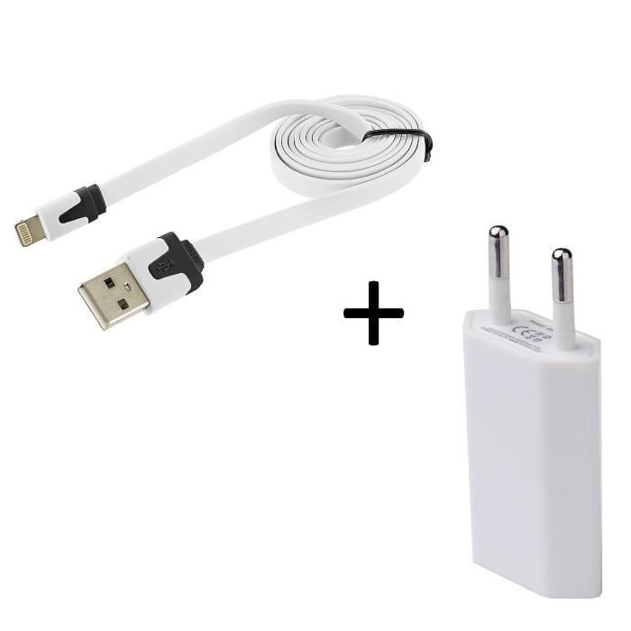 Cable Noodle 1m Chargeur + Prise Secteur pour IPAD Air APPLE USB Lightning Murale Pack - Couleur:BLANC