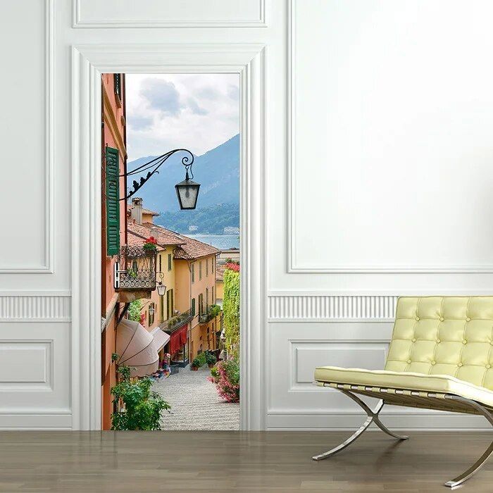 BARFPY Stickers Porte Trompe L'œil Paysage De Forêt Verte 3D Amovible Adhésif Vinyle Papier Peint Porte Imperméable Pour Chambre Enfants Salle De Bain Cuisine Salon Décoration 88x200cm