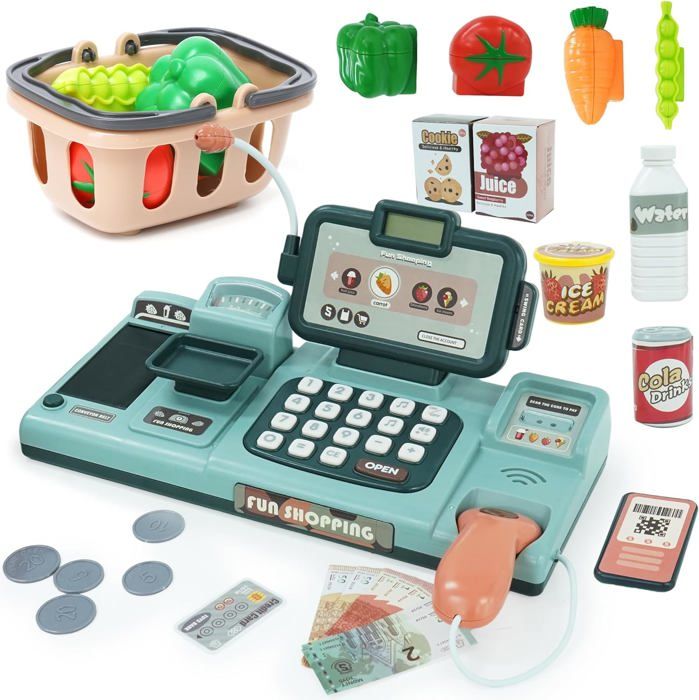 Caisse Enregistreuse Jouet En Bois Pour Enfants 3 Ans+ - Avec Calculatrice, Scanner Son & Lumière, 40 Accessoires (blanc)