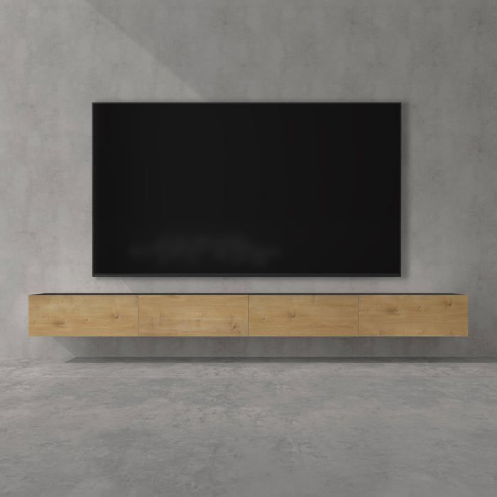 doporro Meuble TV Bas 320cm Armoire TV Gris Noir Mat + Marron Clair Table de Télévision Salon avec Portes Meuble TV Suspendu MBTV02