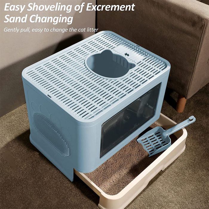 Meilleurs prix pour JEOBEST. Toilettes pour chat, bac à litière pour chat, entièrement fermé, tiroir pliable, fournitures pour chat - Bleu