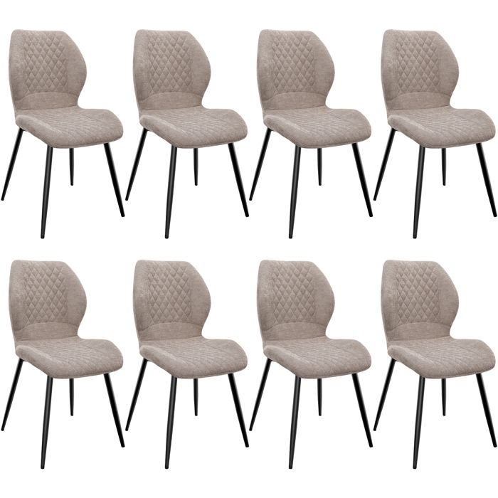 Chaises de salle à manger - WAFTING - Lot de 8 - Coussin éponge/lin - Pieds métal - Motif diamant marron