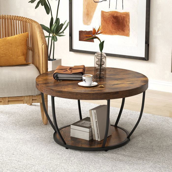 Table Basse Salon 80 cm à 2 Niveaux COSTWAY Cadre en Métal Table Basse Bois Table Ronde dAppoint pour Chambre Marron