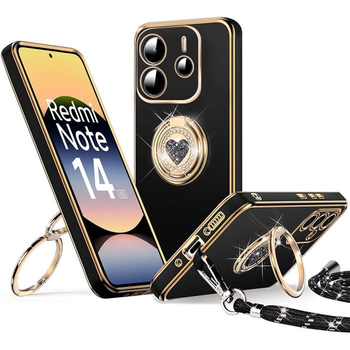 Coque Xiaomi 15T 5G - Protection Complète Avec Verre Trempé Et Cache Caméra Coulissant - Anneau Support Métallique - Noir