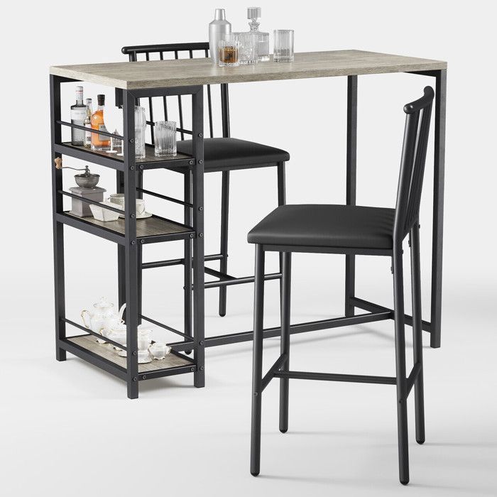 Mange Debout - Bealife - 2 Tabourets avec Dossier - 1 Table Haute Gris - Métal et PU en Cuir - 3 Étagères - 91 x 50 x 91 cm