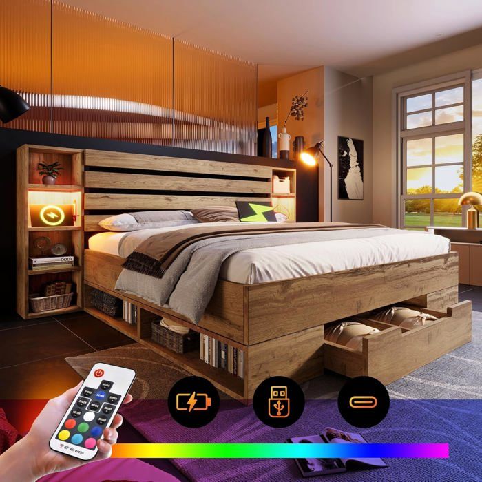 LEMONBEST Lit coffre 160×200 en bois massif Chêne naturel avec LED ports USB/Type‑C et tiroirs