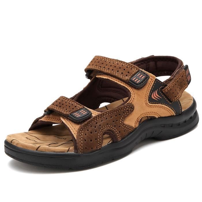 Sandales Homme - Plage Randonnée - Cuir - Souples - Marron Marron