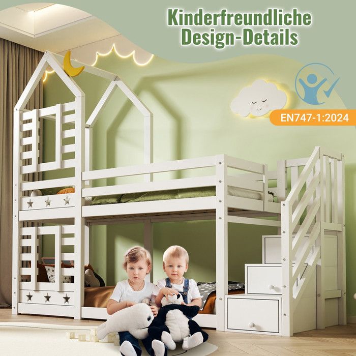 Lit enfant 90 x 200 cm lit superposé cabane dans les arbres avec protection antichute et tiroir de rangement blanc