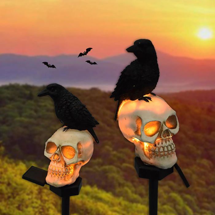 Lot de 2 Lampe solaire dextérieur étanche en forme de corbeau tête de mort avec pile luminaire décoratif pour jardin cour Lot de 2 Lampe solaire dextérieur étanche en forme de corbeau tête de mort avec pile luminaire décoratif pour jardin cour
