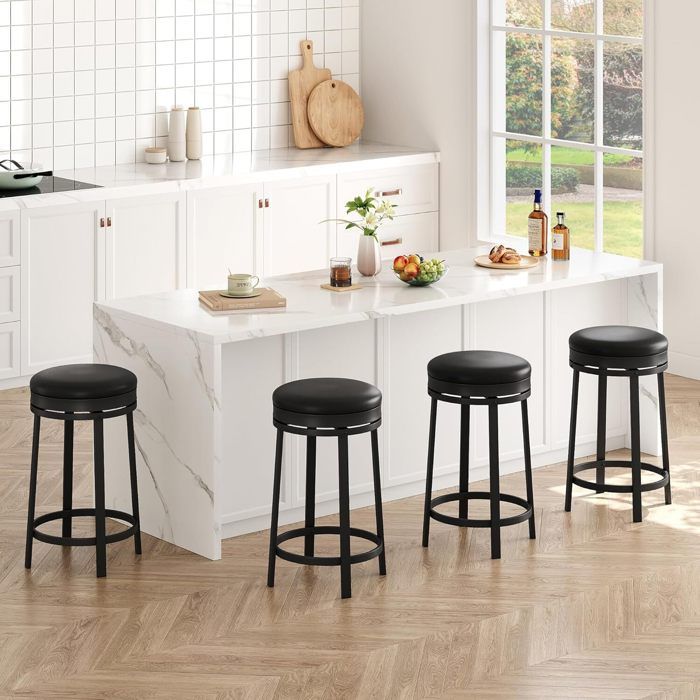 Tabourets De Bar 4pcs chasie de Bar Petit-déJeuner Rembourrés en PU Chaises Hautes avec Repose-Pieds-NOIR