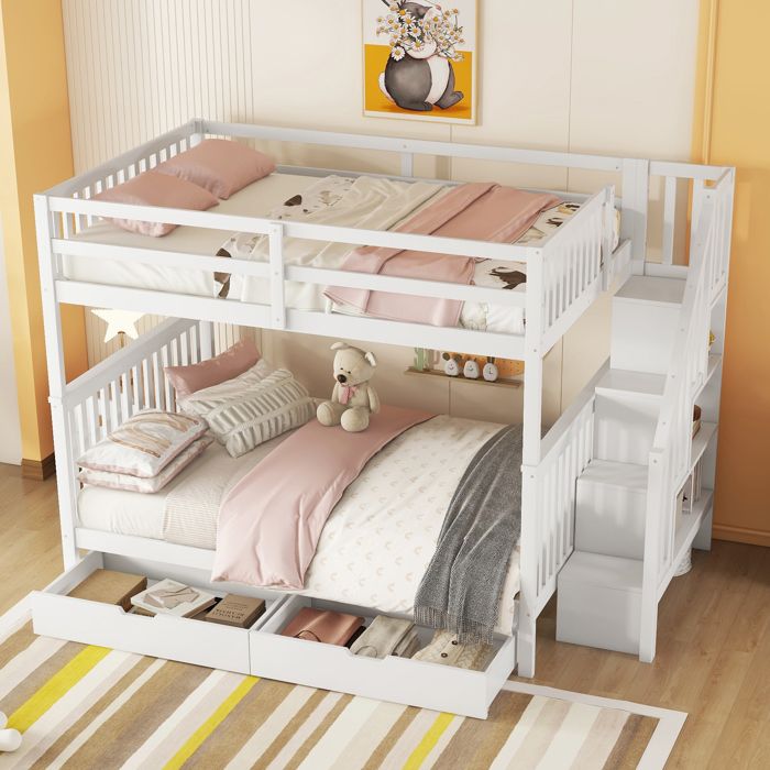 Lit superposé 140x200 cm Lit mezzanine en bois avec escalier-Rangement et 2 tiroirs Lit denfant avec sommier à lattes blanc