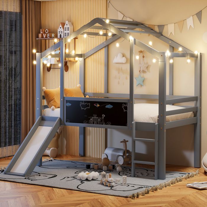 Lit mezzanine enfant 90x200 cm gris en bois massif style maisonnette avec toboggan et tableau noir