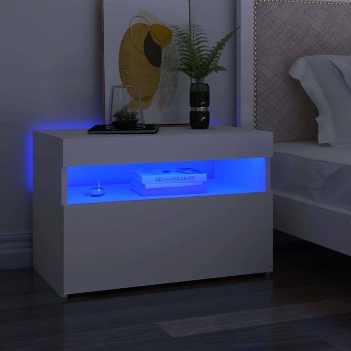 SALE 2026 Table de nuit Blanc - Table de chevet avec lumières LED Blanc 60x35x40cm PRO526922027