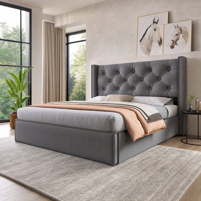 Maisentiel Lit coffre 140 x 200 cm gris avec sommier relevable à vérins et tête de lit capitonnée
