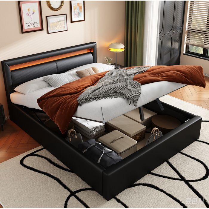 Lit coffre rembourré adulte 140x190 cm. avec LED. PU+MDF. sans matelas. noir