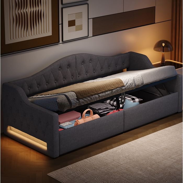 Lit banquette coffre 90x200 cm. capitonné. avec LED. sommier à lattes. sans matelas. MDF. gris
