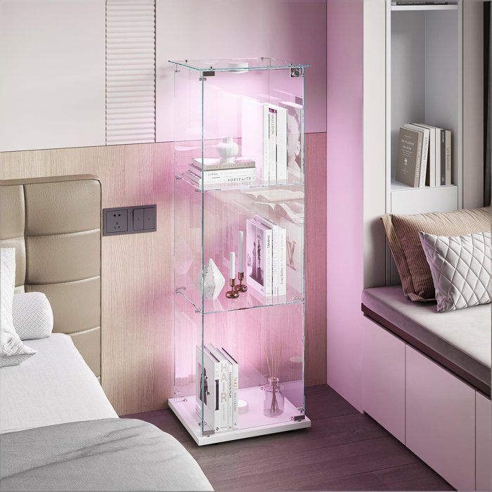 Vitrine en Verre Vitrine Armoire pour Collection avec Porte et Serrure Lampe LED tactile-1 porte-3 étages-40×35×123 cm-Salon-Blanc