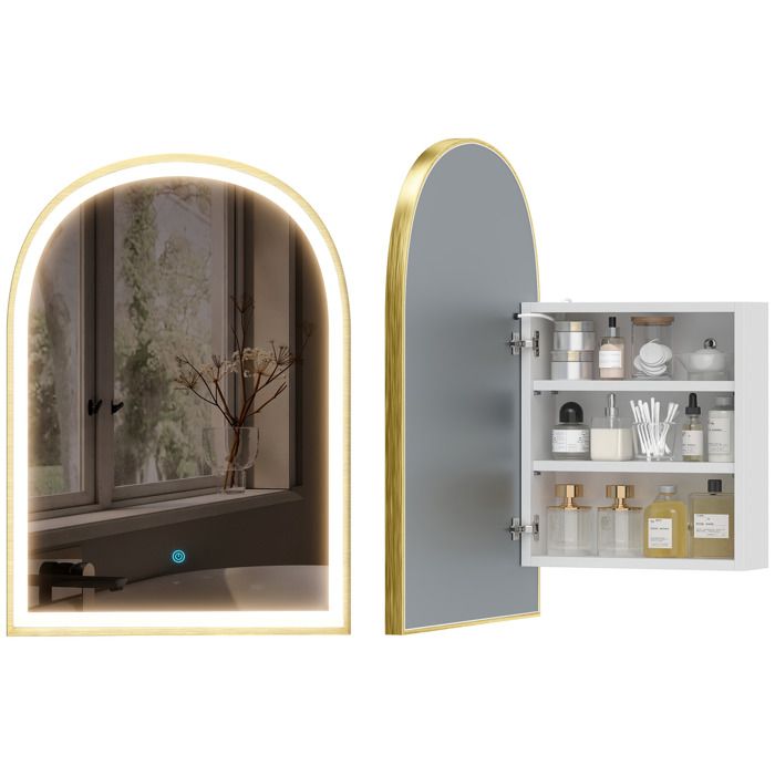 Armoire murale salle de bain avec miroir - HOMCOM - éclairage LED porte arquée anti-buée - alliage daluminium - 50x70cm - doré Armoire murale salle de bain avec miroir - HOMCOM - éclairage LED porte arquée anti-buée - alliage daluminium - 50x70cm - doré
