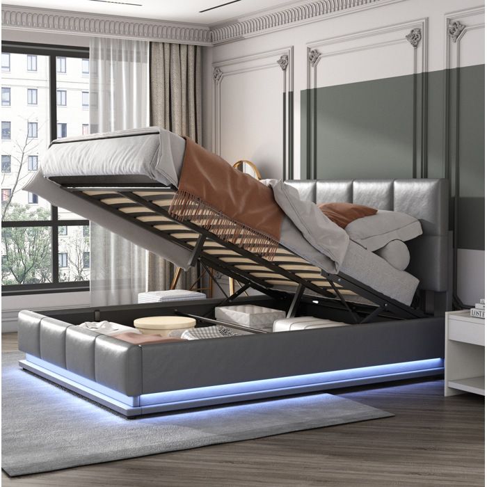 Lit coffre adulte 140x200 cm avec LED coffre de rangement relevable hydraulique sommier à lattes similicuir gris