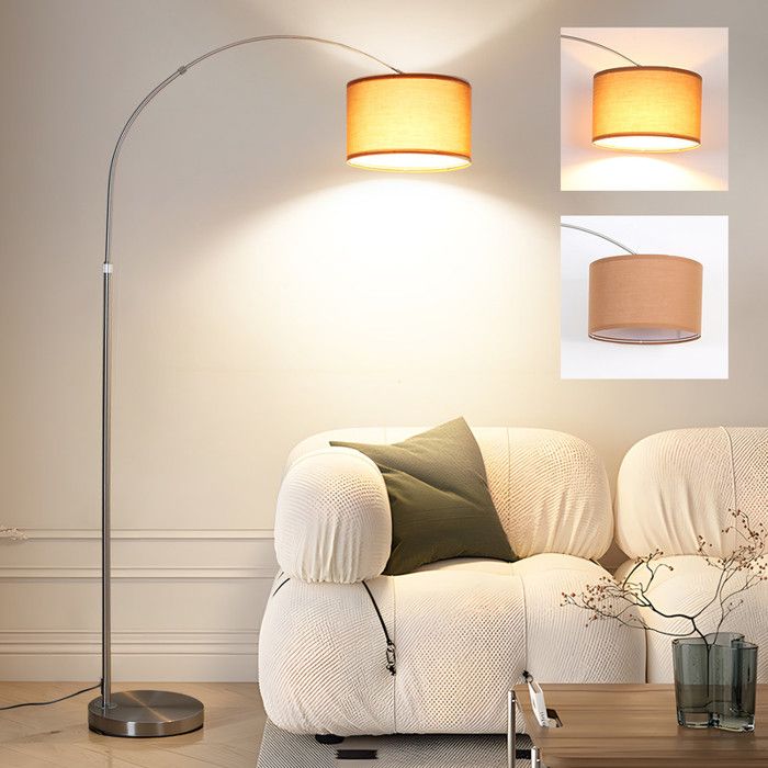 ANTENLICHT Lampadaire incurvé sans télécommande intensité réglable ampoule incluse socle argenté + abat-jour marron