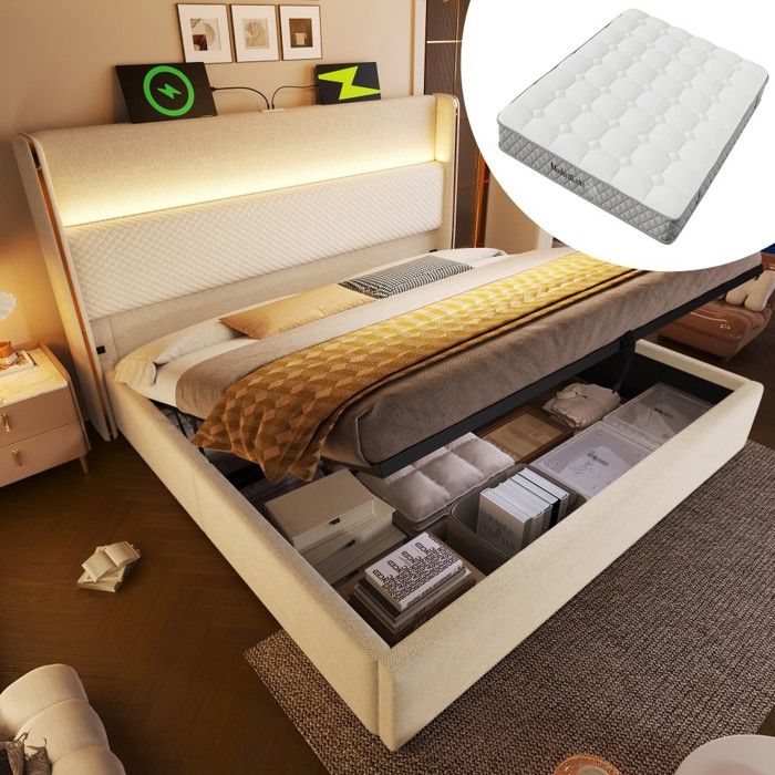 Lit Combiné Double-Lin Beige 140x200cm-Coffre Hydraulique-Tête LED Haute-Ports USB-C-Avec Matelas