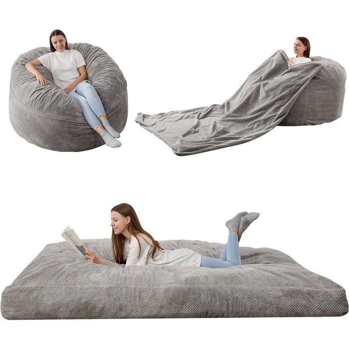 POUF-POIRE Pouf convertible 2 en 1 en velours côtelé canapé-lit lavable en machine matelas de sol épais 200*150*25 cm gris clair