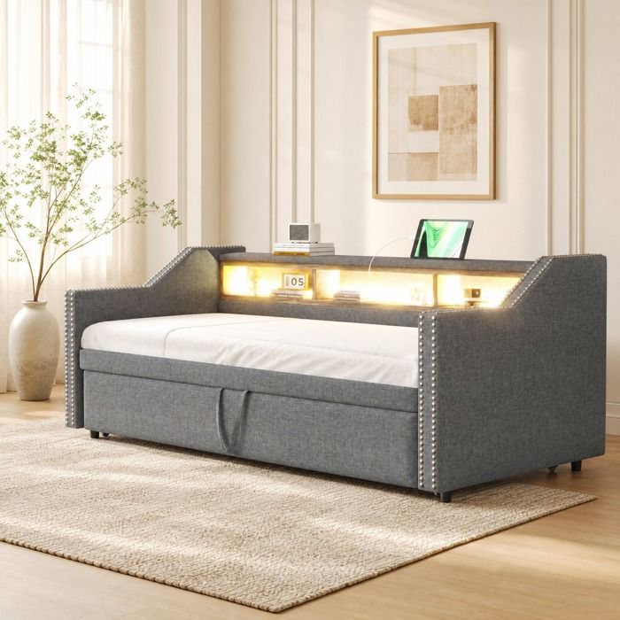 Lit escamotable canape-lit 90/180 x 190 cm - TCQPZ - rangements integres LED USB sommier a lattes - Gris clair
