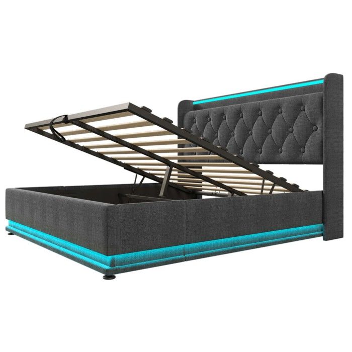 Lit double rembourré 140x190cm tissu lin gris coffre hydraulique LED 360 USB Type-C télécommande appli Sans Matelas