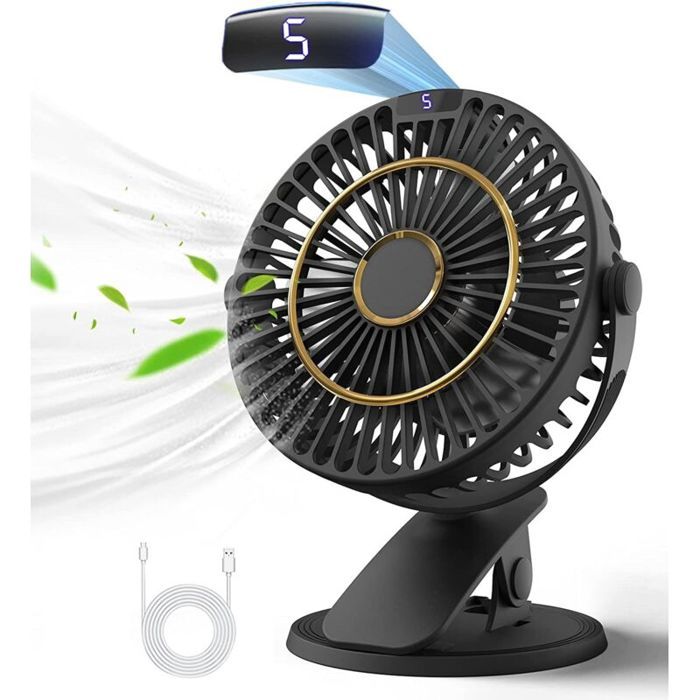 Ventilateur de table rechargeable 5 vitesses – Rotation 720° – Écran LCD – Silencieux pour bureau et camping – Câble USB 1.2 m
