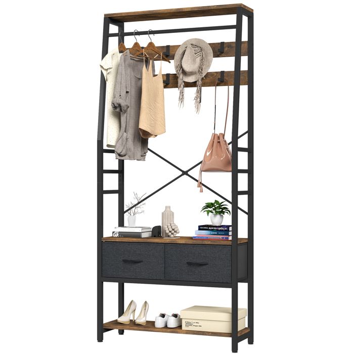 YITAHOME Portant Manteau avec Meuble à Chaussures et Banc 8 Crochets Tiroirs Style Industriel Bois Rustique