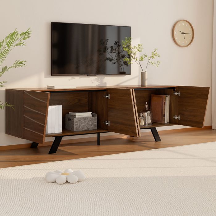 Meuble TV moderne à façade ondulée look noyer pieds en fer noirs grand rangement gestion des câbles étagère 160x39x50.5 cm