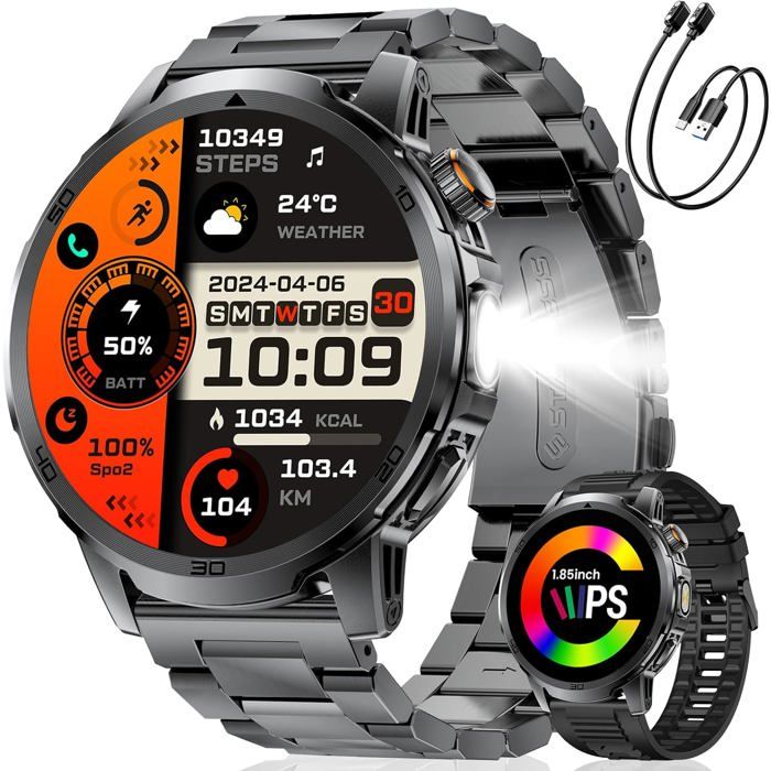 Montre Connectée Homme Batterie 1000Mah Smart Watch Avec 1 85 Hd Écran Appels Bluetooth 110+Modes Sportifs Lampe De Poche Ana