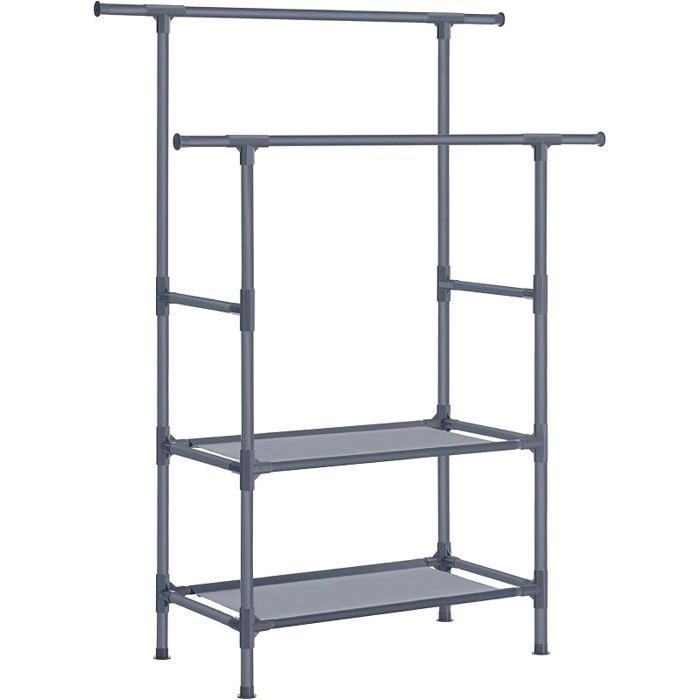 Portant à Vêtements Double Barre Portemanteau Penderie Organisateur Tringle en Métal avec Étagère à 2 ux Gris