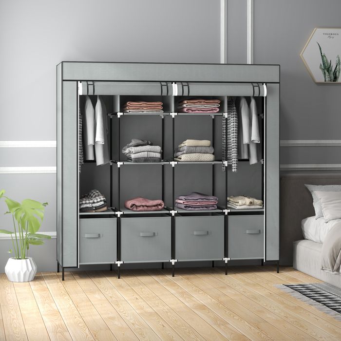 Armoire penderie en tissu - Portable - 2 tringles - 10 compartiments - 4 tiroirs amovibles