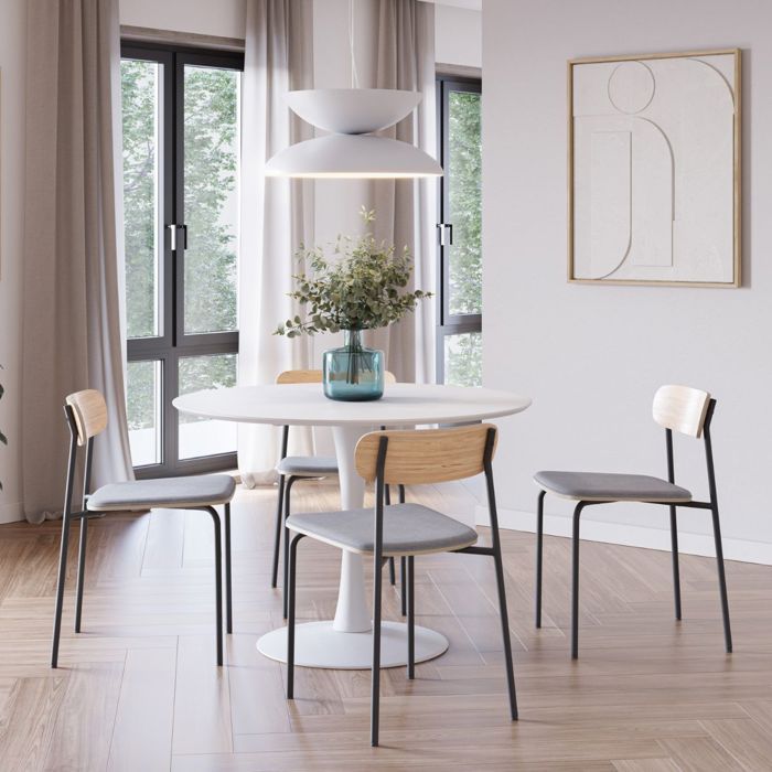 Table ronde blanche + 4 chaises bois taupe et métal noir - CANTIQUE