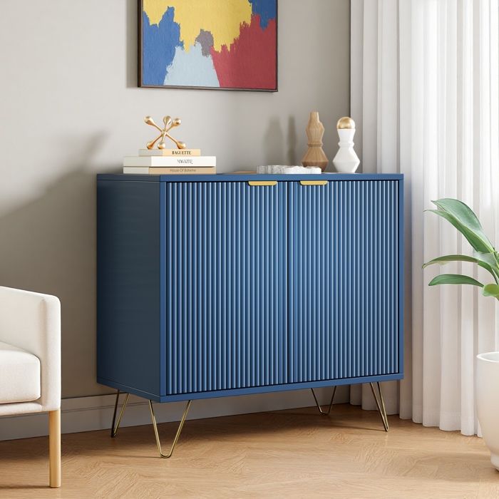 Buffet Bas Bleu Marine à 2 Portes Texture Canelée Meuble de Rangement avec Pieds Dorés Métal pour Salon Entrée Salle à Manger