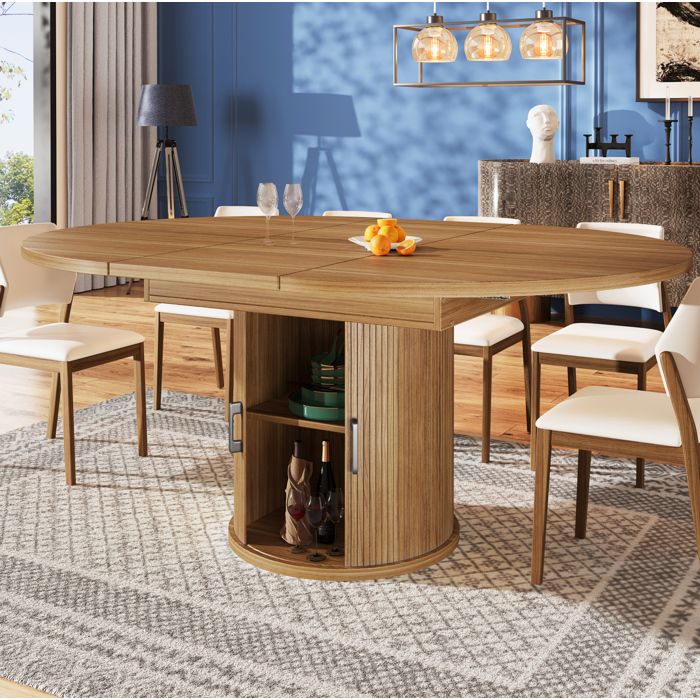 Table à manger extensible ronde 118-158 cm en MDF décor noyer avec rangement intégré 6 personnes