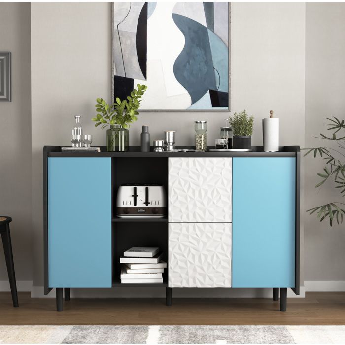 Buffet bas contemporain MDF noir bleu et blanc 120 x 40 x 80 cm avec rangements ouverts et portes