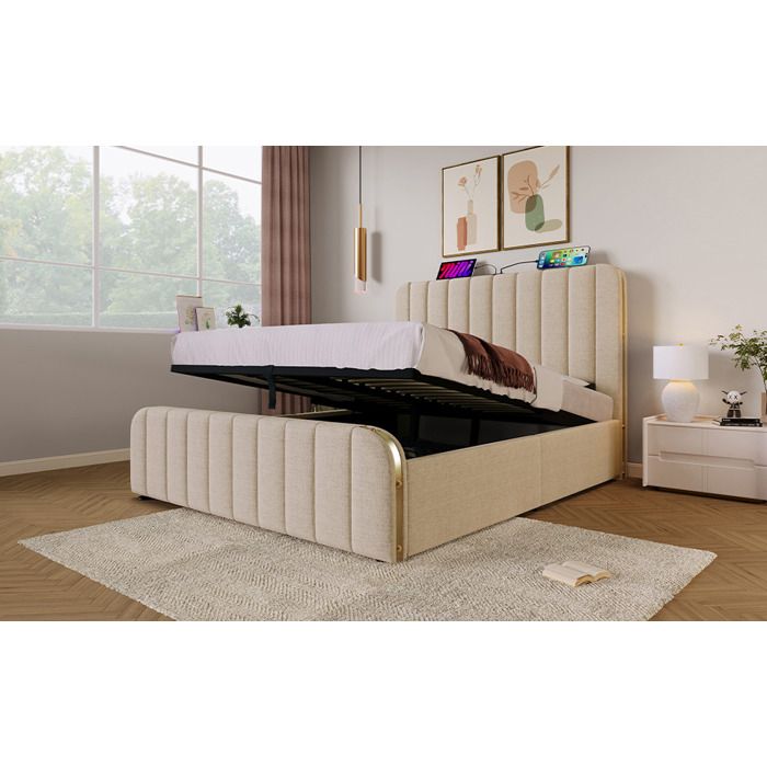 HOMVRA Lit coffre 140x190 cm beige en tissu aspect lin tête de lit rembourrée avec USB USB-C et rangement hydraulique