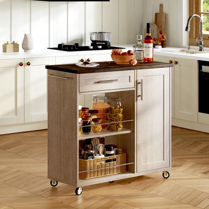 Desserte de cuisine mobile avec tiroir placard et étagères ouvertes MDF aspect chêne Sonoma 90x62x90 cm Grjofek